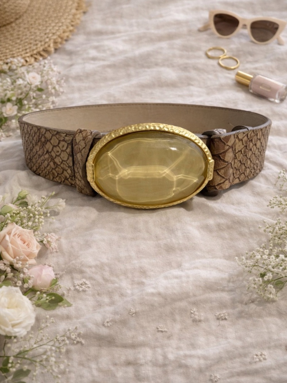 Chicos Neutral Snake-Texture Belt with Gold Oval Stone Buckle Adjustable M L